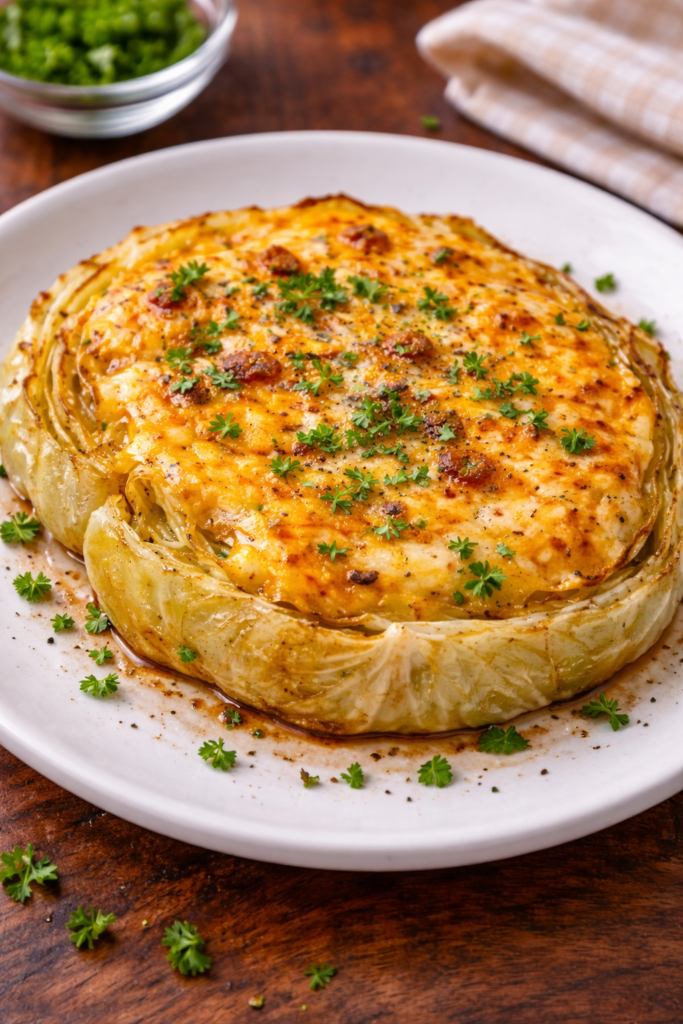 cheesy baked cabbage steaks close up