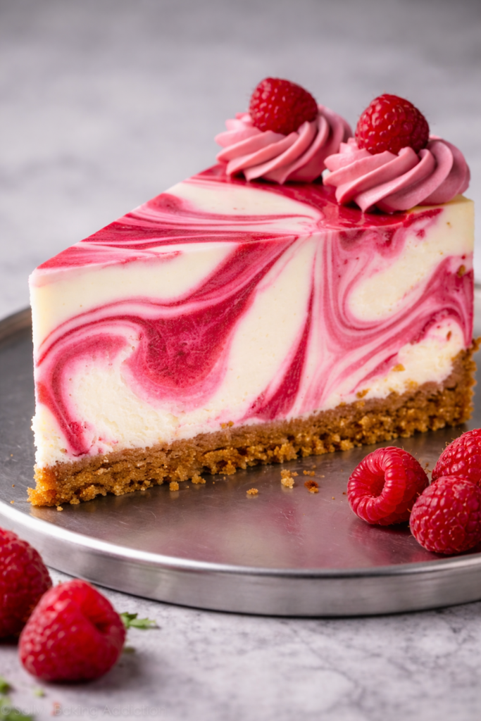strawberry swirl cheesecake slice