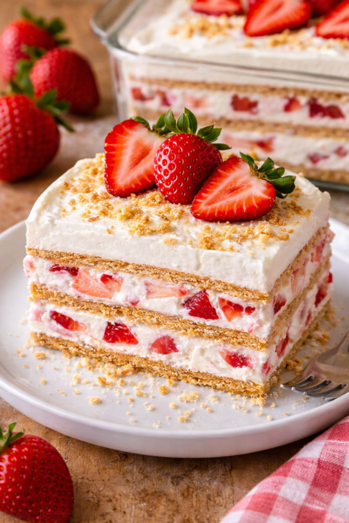 strawberry cream cheese icebox cake slice