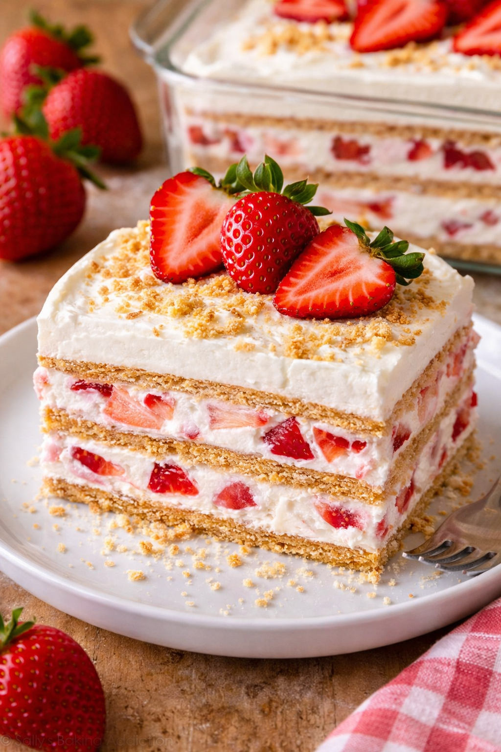 strawberry cream cheese icebox cake slice