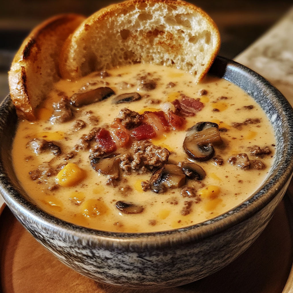 creamy mushroom swiss burger soup