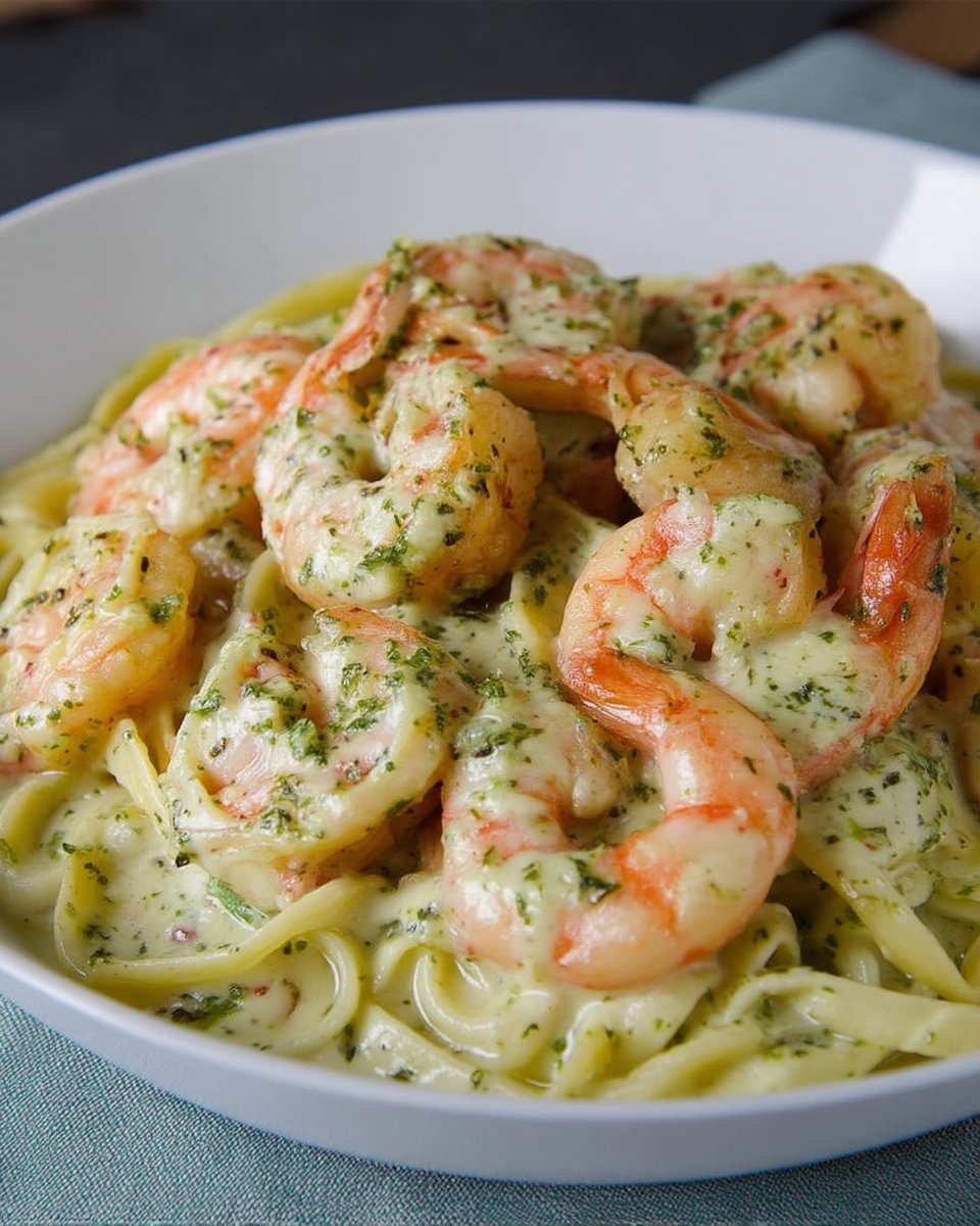 creamy pistachio pesto pasta with shrimp