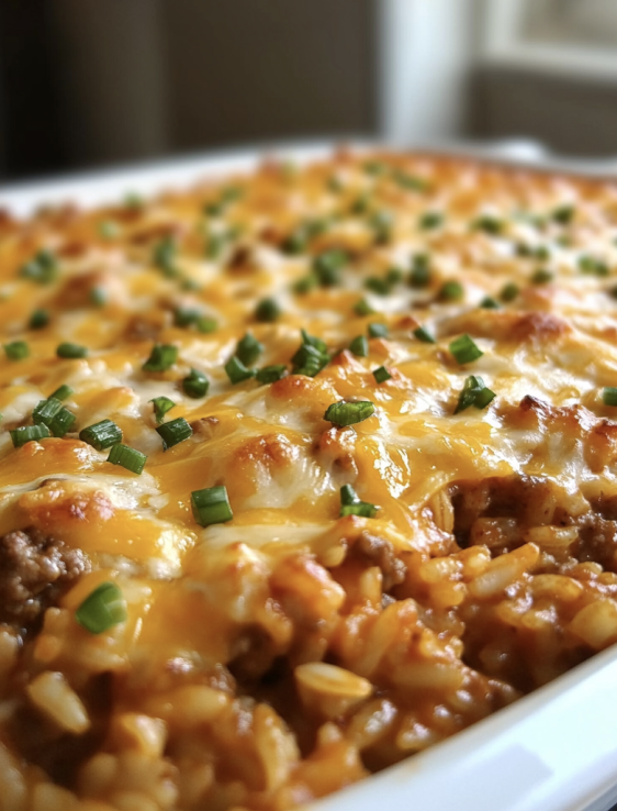 ground beef rice casserole with melted cheese