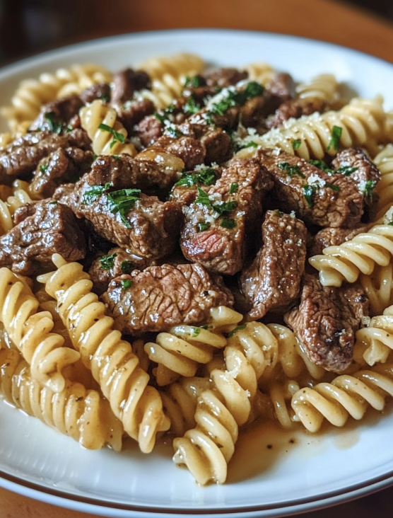 beef rotini pasta with garlic butter sauce