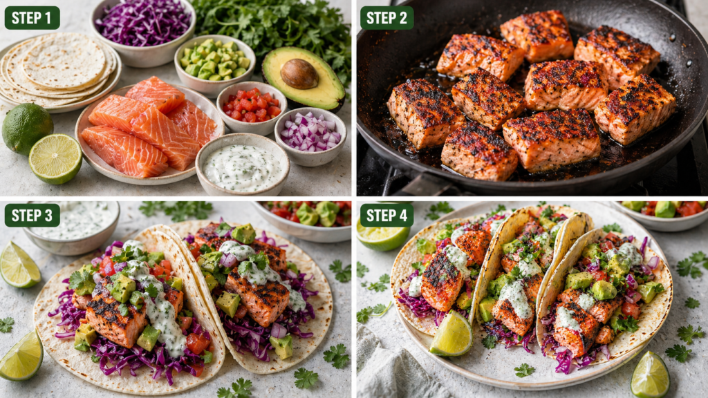 Healthy salmon tacos with avocado salsa on corn tortillas