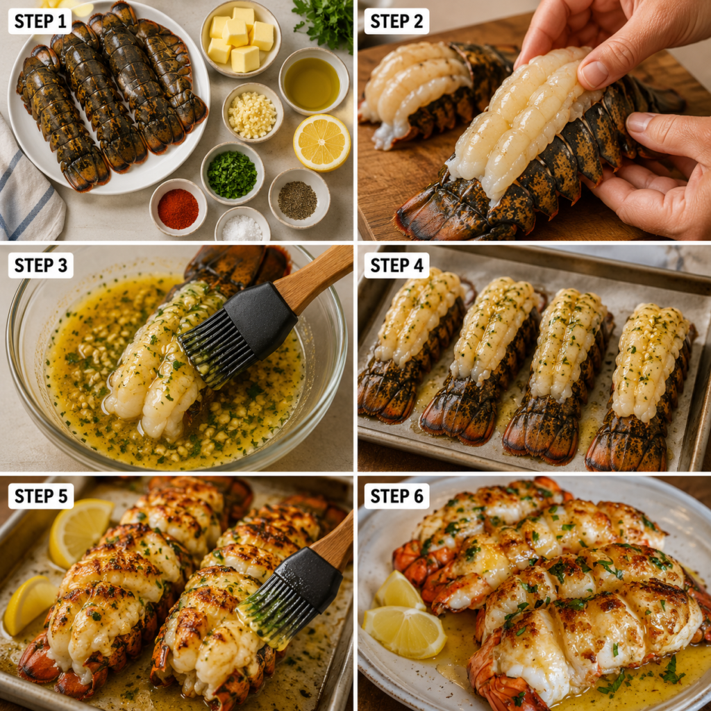 Baked lobster tails brushed with garlic butter