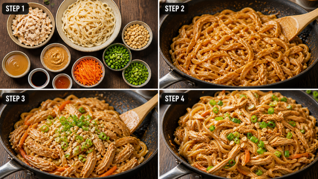 Creamy peanut chicken noodles topped with green onions