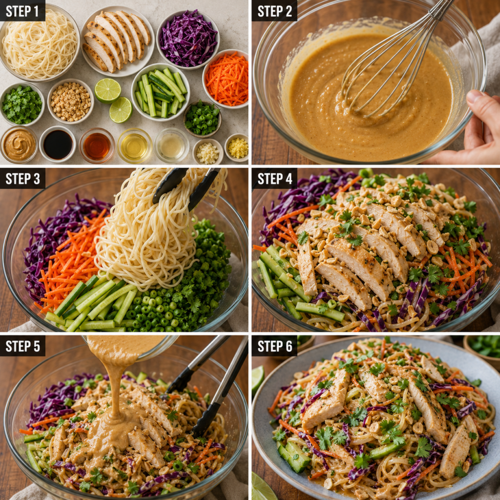 Thai Peanut Noodle Salad with Chicken in a bowl