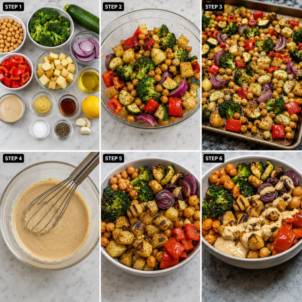 Roasted veggie and chickpea bowls with tahini dressing