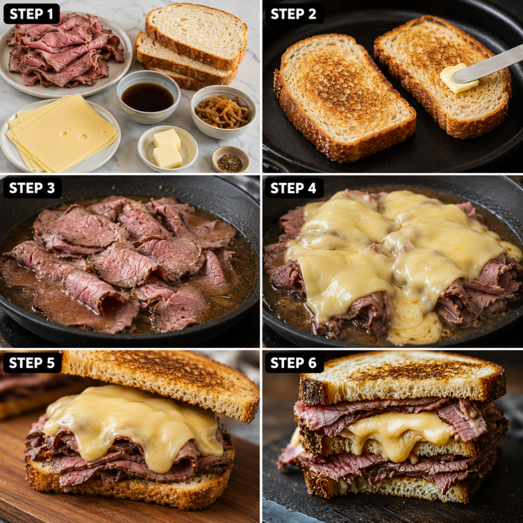 Classic roast beef and cheese sandwich on a roll