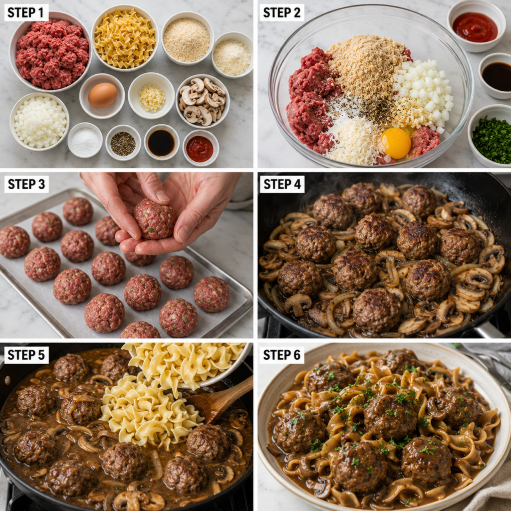 Salisbury Meatball Pasta in a black bowl