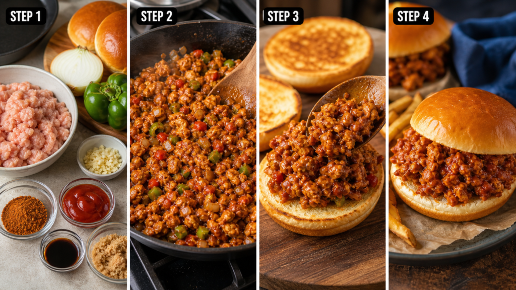 Spicy ground chicken sloppy joe sandwich with peppers