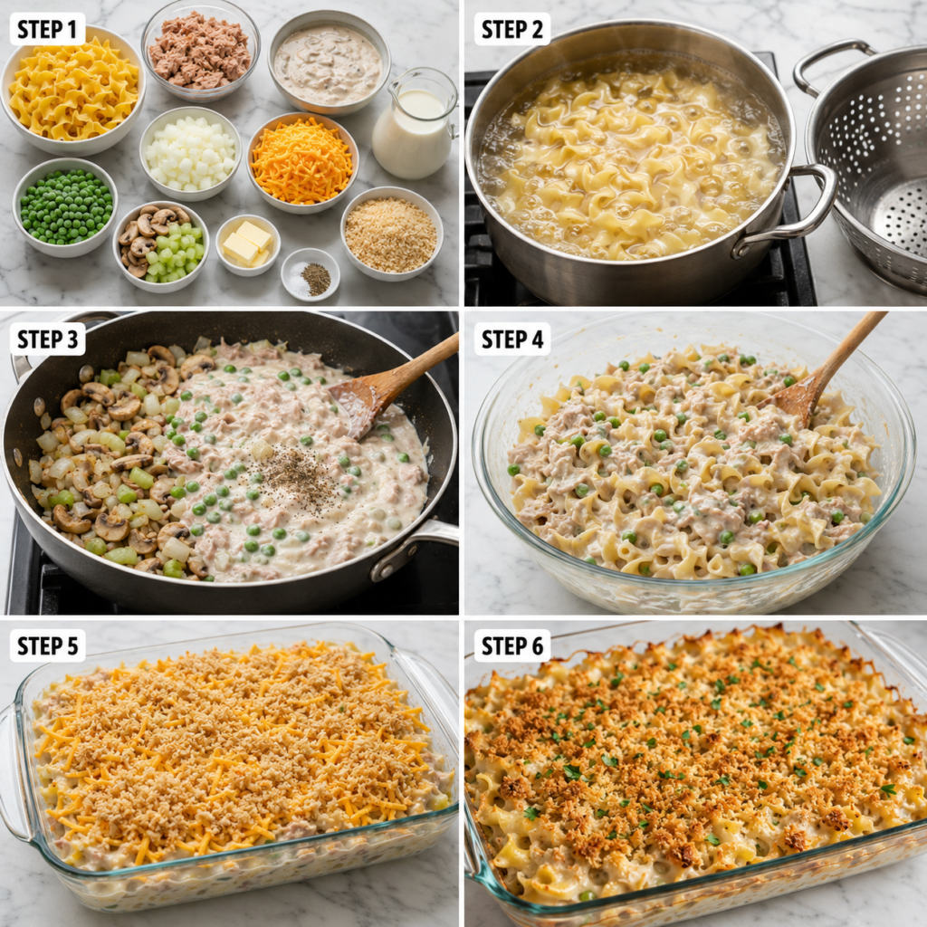 Easy tuna casserole with peas and crispy topping