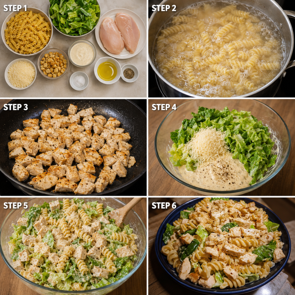Chicken Caesar Pasta Salad in a large bowl
