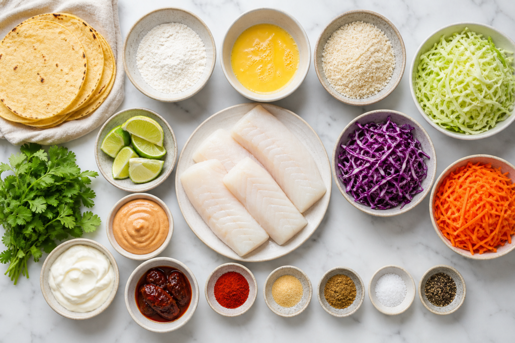 Fish tacos topped with creamy chipotle cabbage slaw