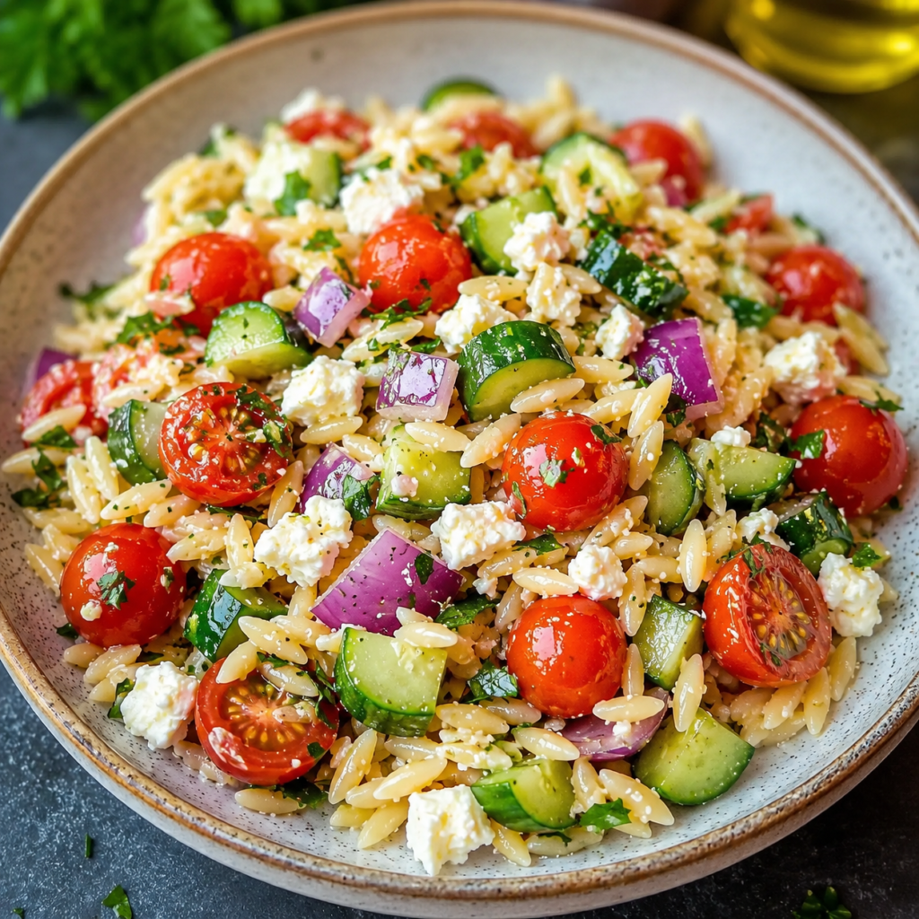 Greek Orzo Pasta Salad with feta and olives
