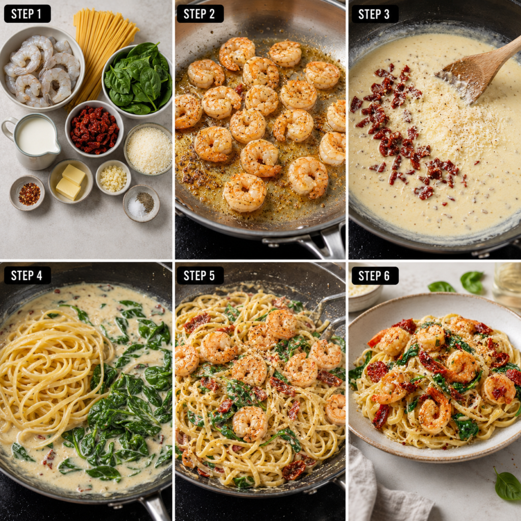 Creamy Tuscan Garlic Butter Shrimp Pasta in a skillet