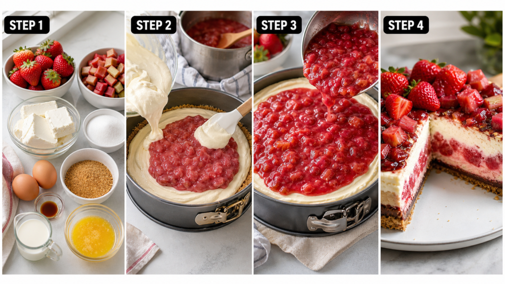 trawberry Rhubarb Pie Cheesecake topped with fruit