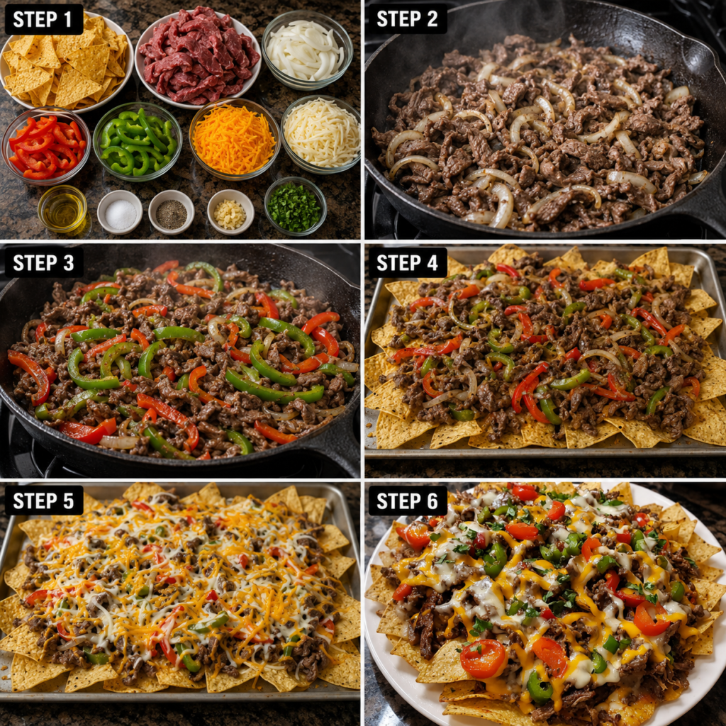 Cheesy party nachos inspired by Philly cheesesteak