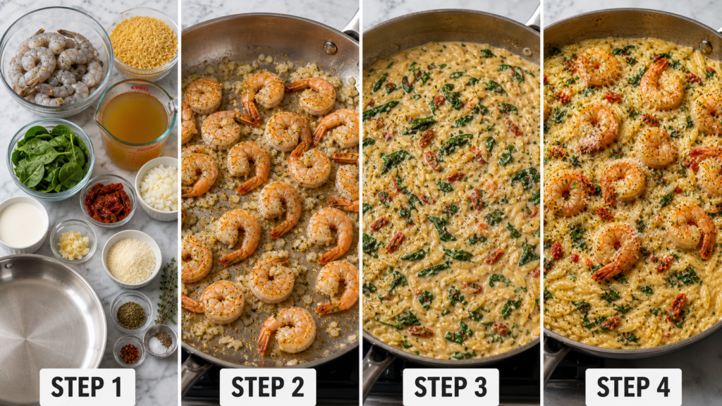 One Pot Marry Me Shrimp and Orzo in a skillet