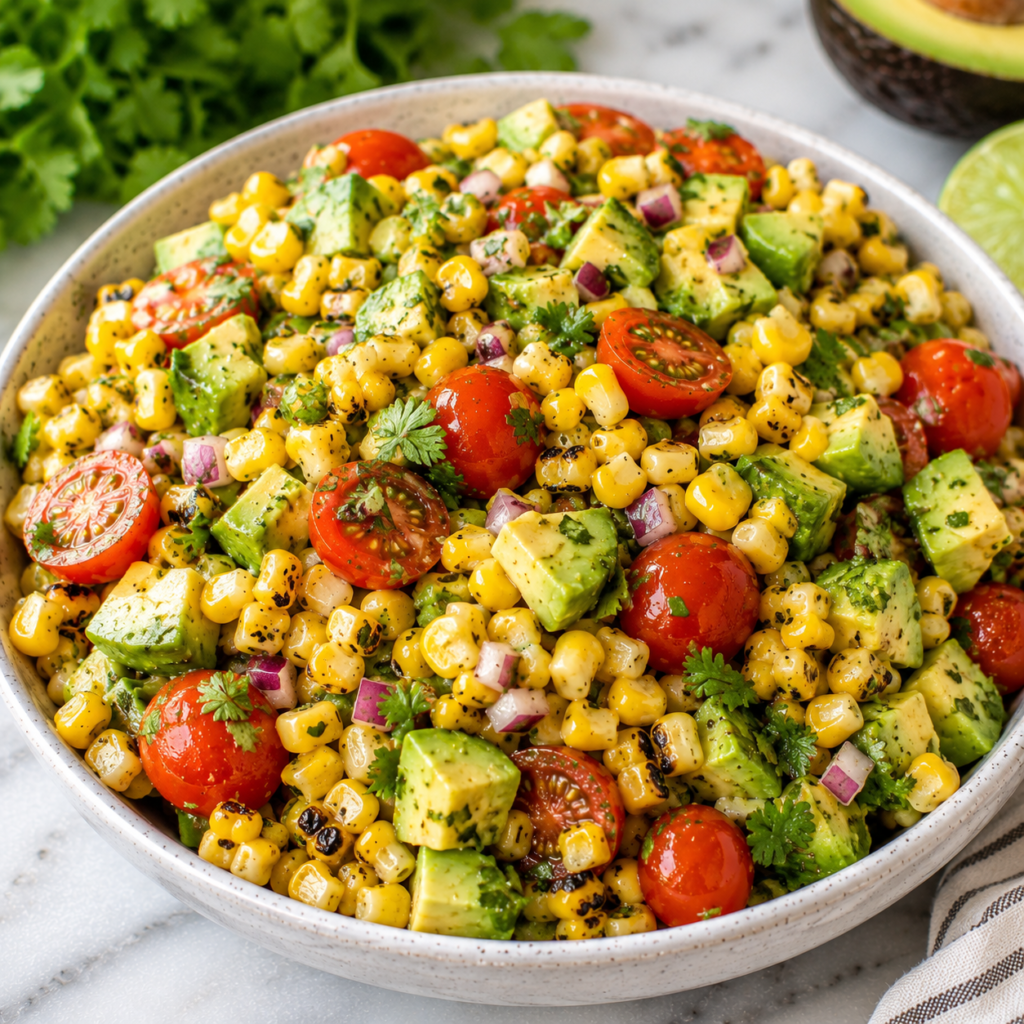 Summer Corn Salad with Avocado in a bowl