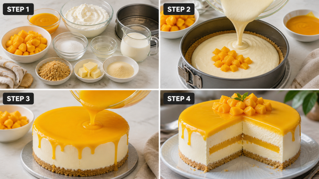 Mango mousse cake topped with fresh mango slices