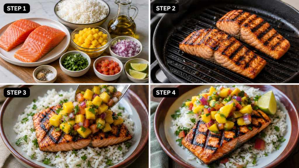 Healthy salmon dinner with fresh mango salsa