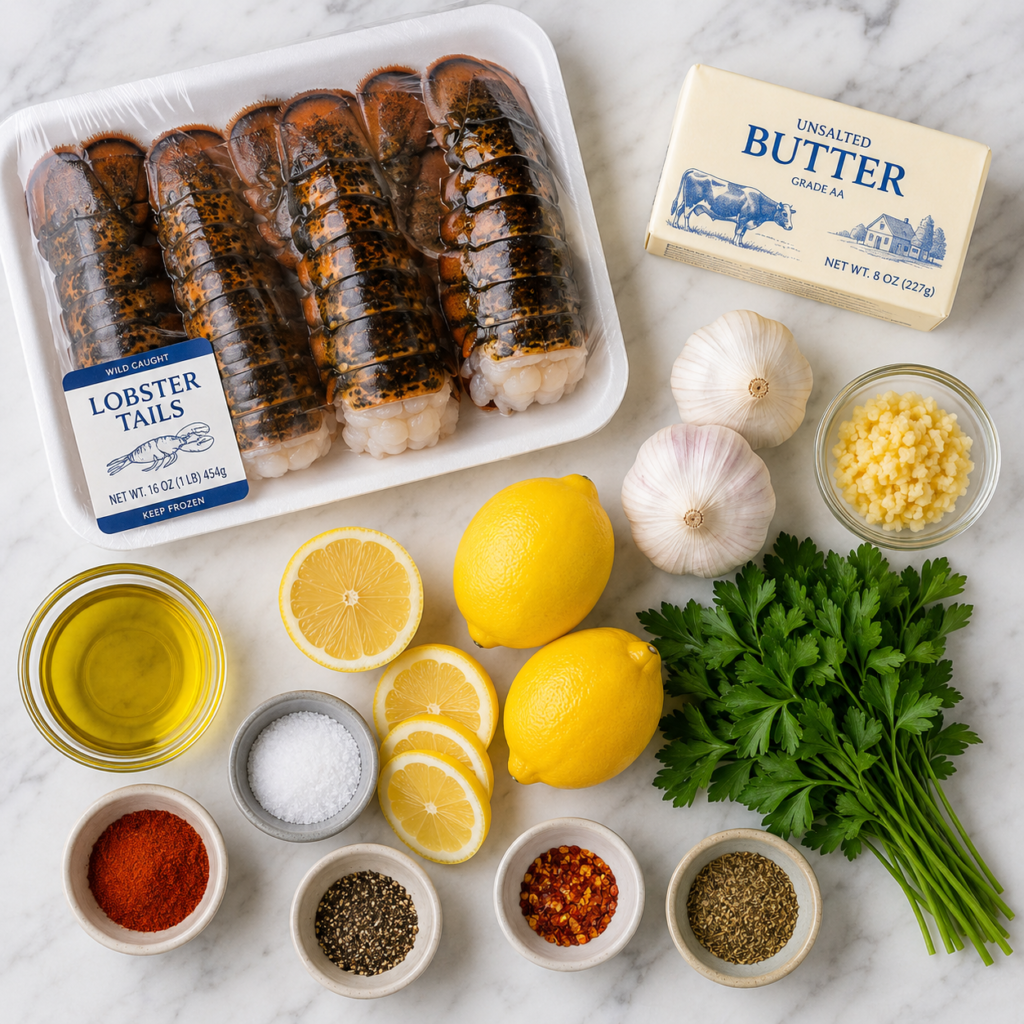Garlic Butter Lobster Tails served with lemon wedges