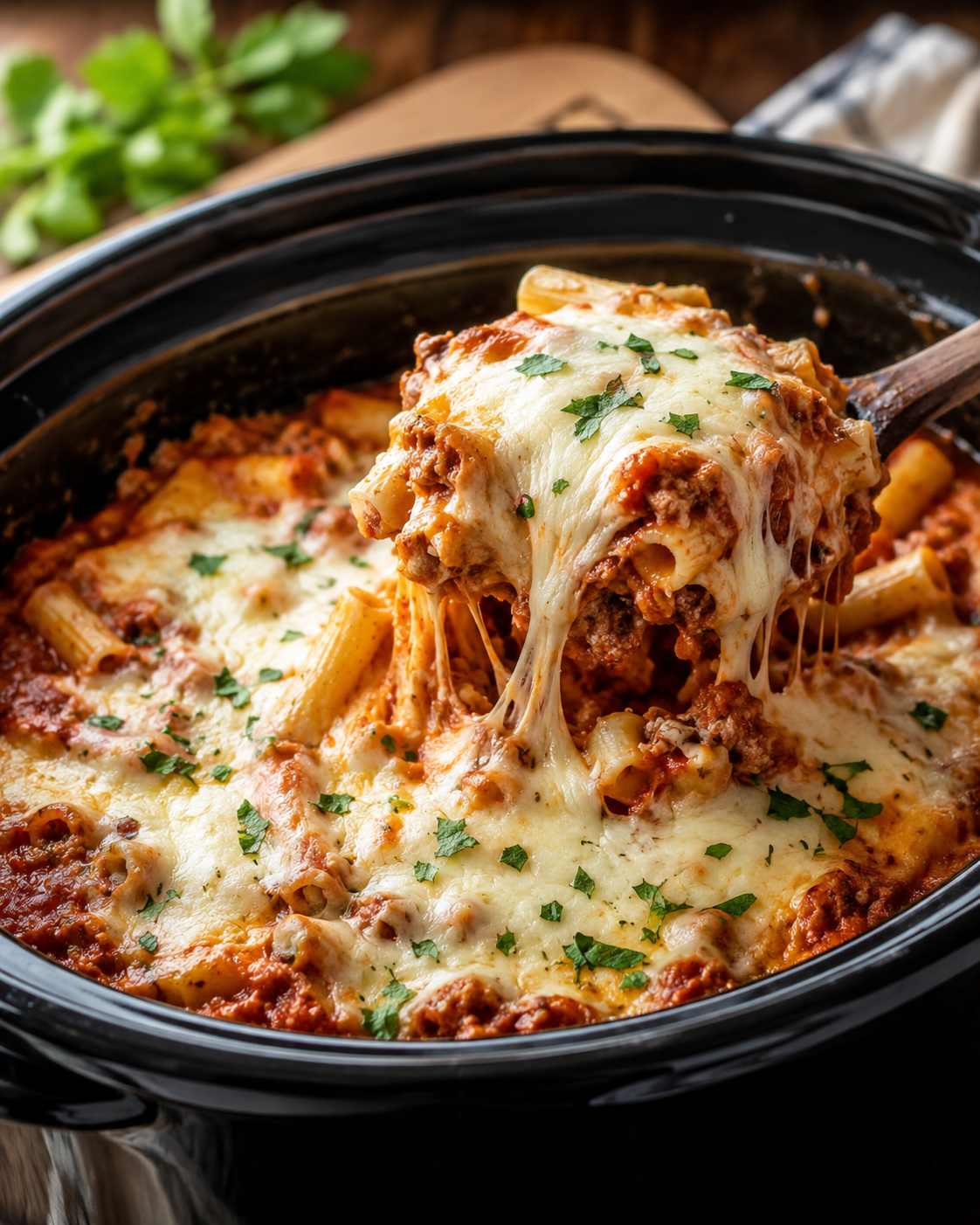 Crock Pot Baked Ziti served on a plate