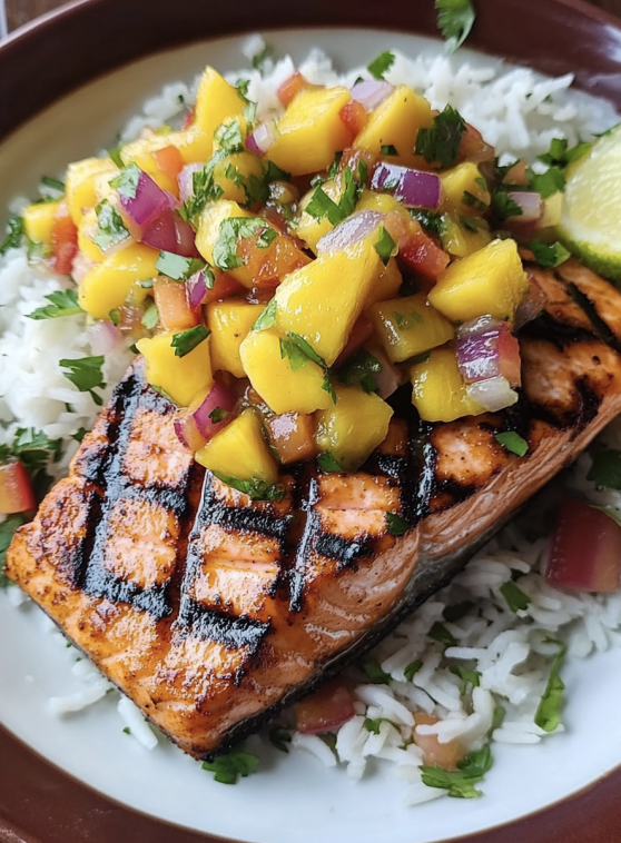 Grilled Salmon with Mango Salsa and Rice