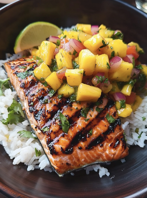 Easy salmon and rice bowl with mango topping
