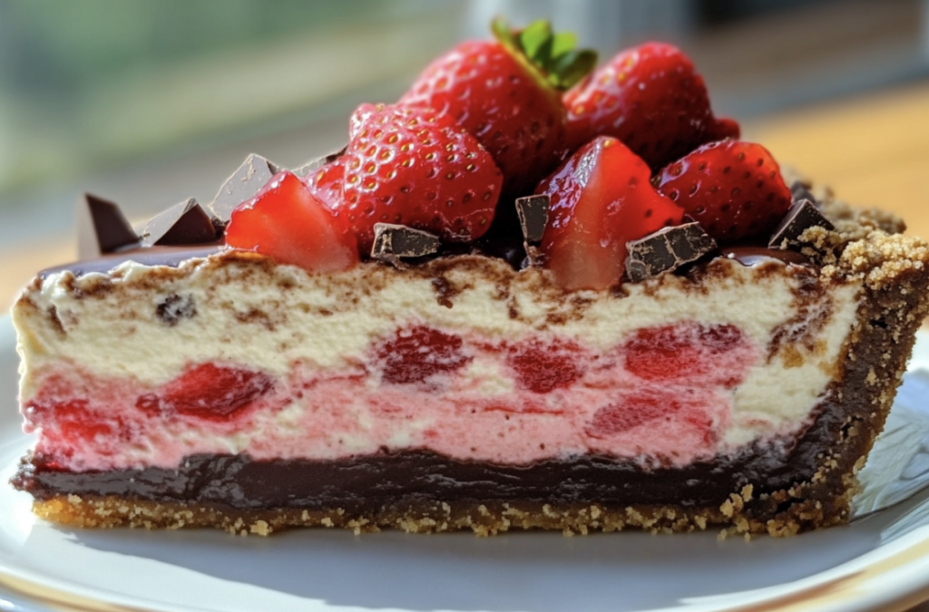 Creamy cheesecake with strawberry rhubarb topping