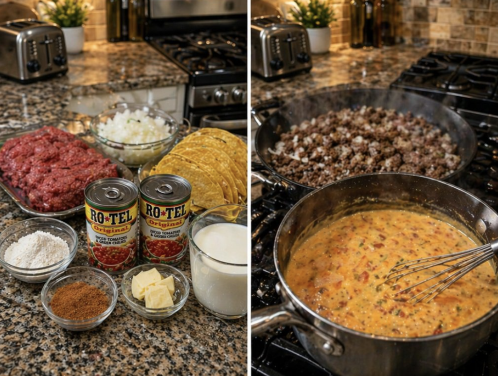 Cheesy Rotel Beef Tacos filled with seasoned beef