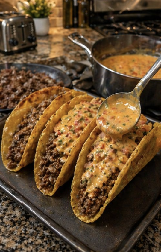 Easy ground beef tacos with Rotel and melted cheese