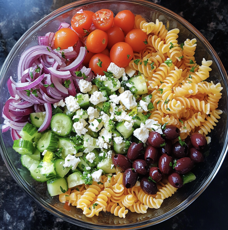 Quick and Easy Pasta Salad in a serving bowl