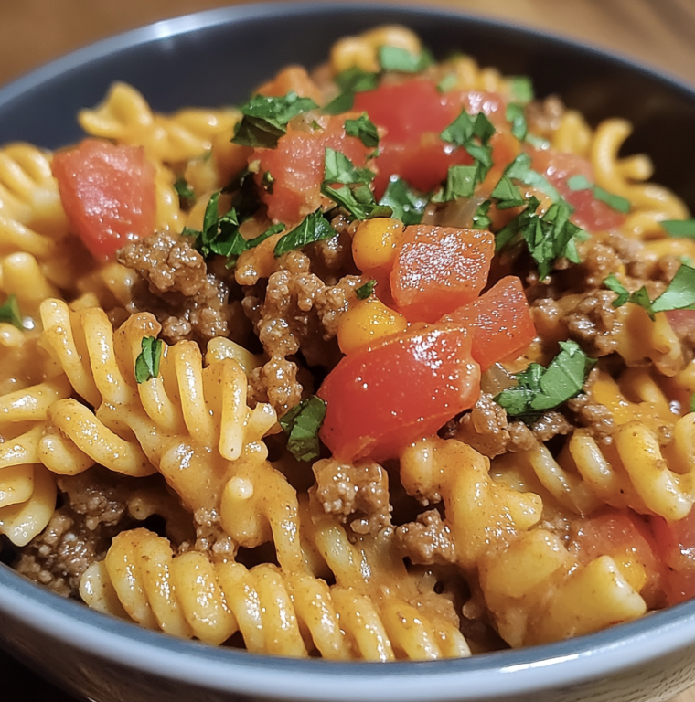 Overnight Taco Pasta baked with melted cheese