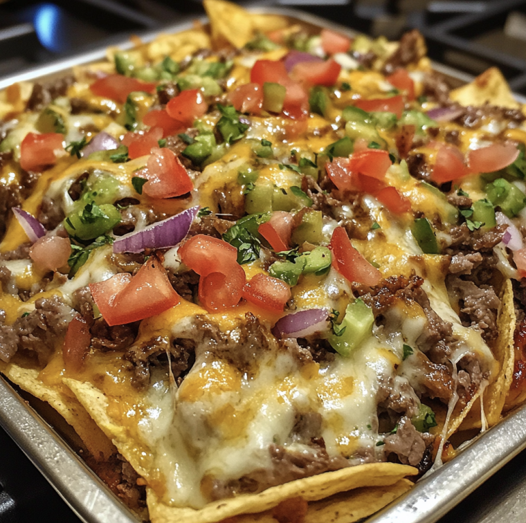 Philly Cheesesteak Nachos loaded with beef and cheese