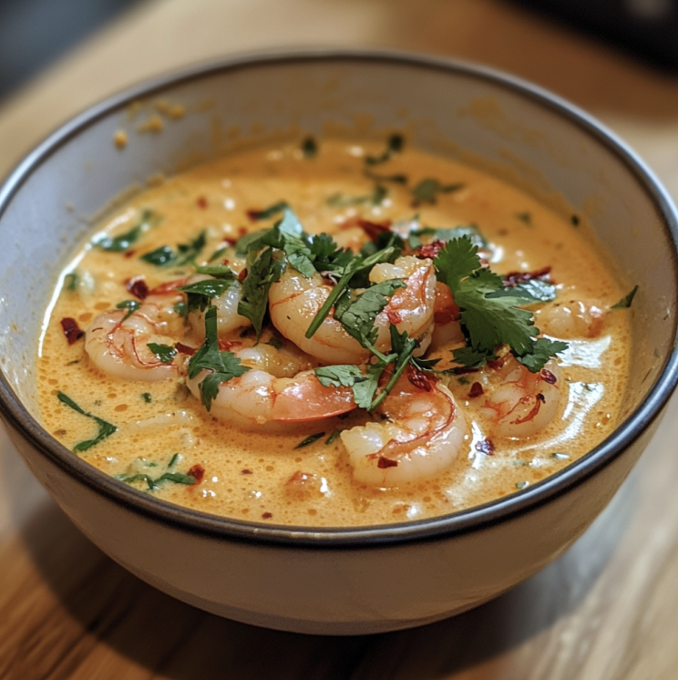 Spicy Thai Coconut Soup with Shrimp in a bowl