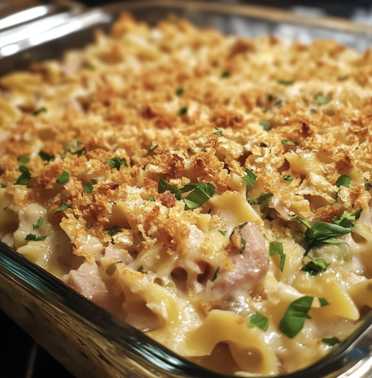 .Classic Tuna Noodle Casserole with a Crunchy Topping