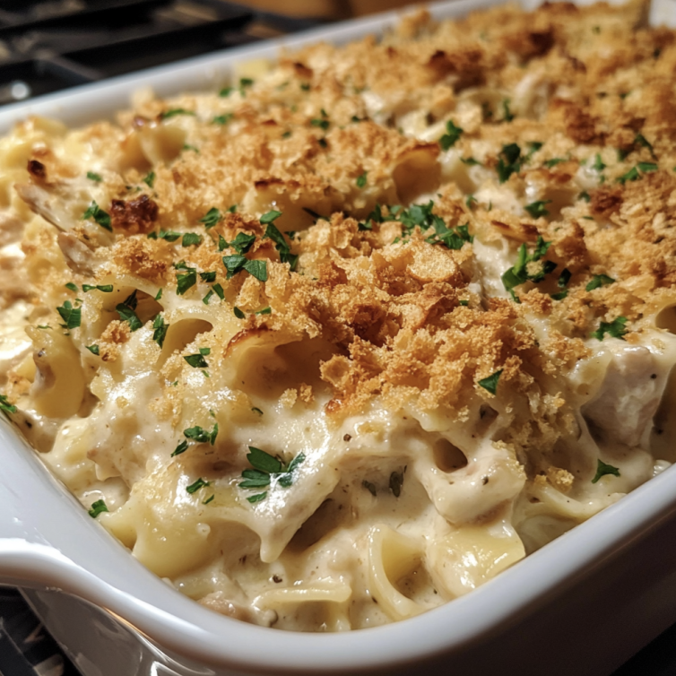 Creamy tuna noodle casserole baked until golden