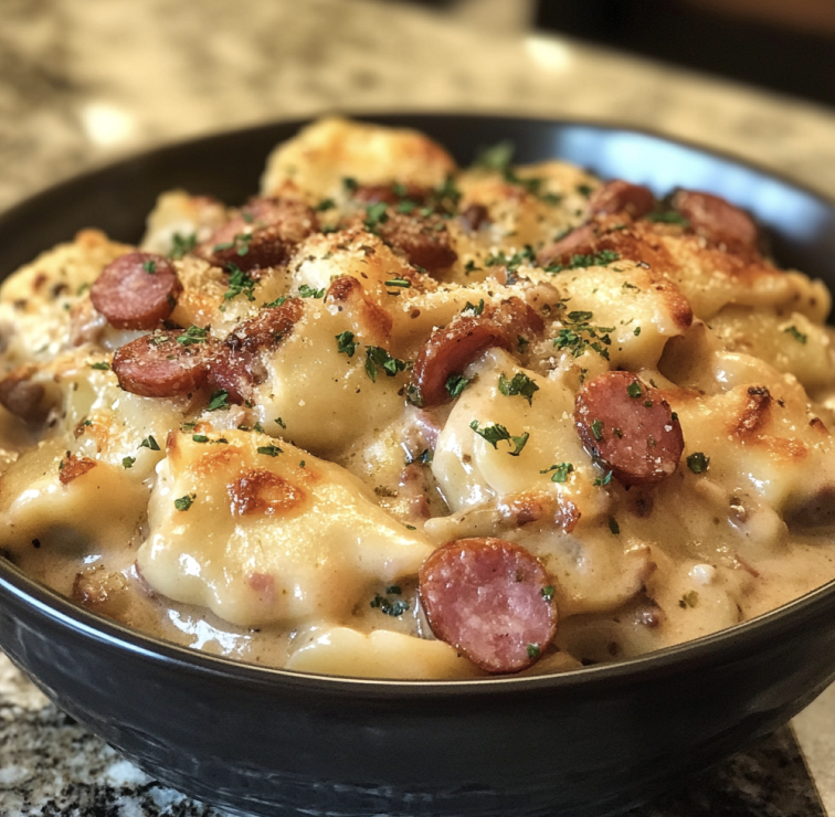 Crock Pot Pierogi Casserole with Kielbasa in a serving dish