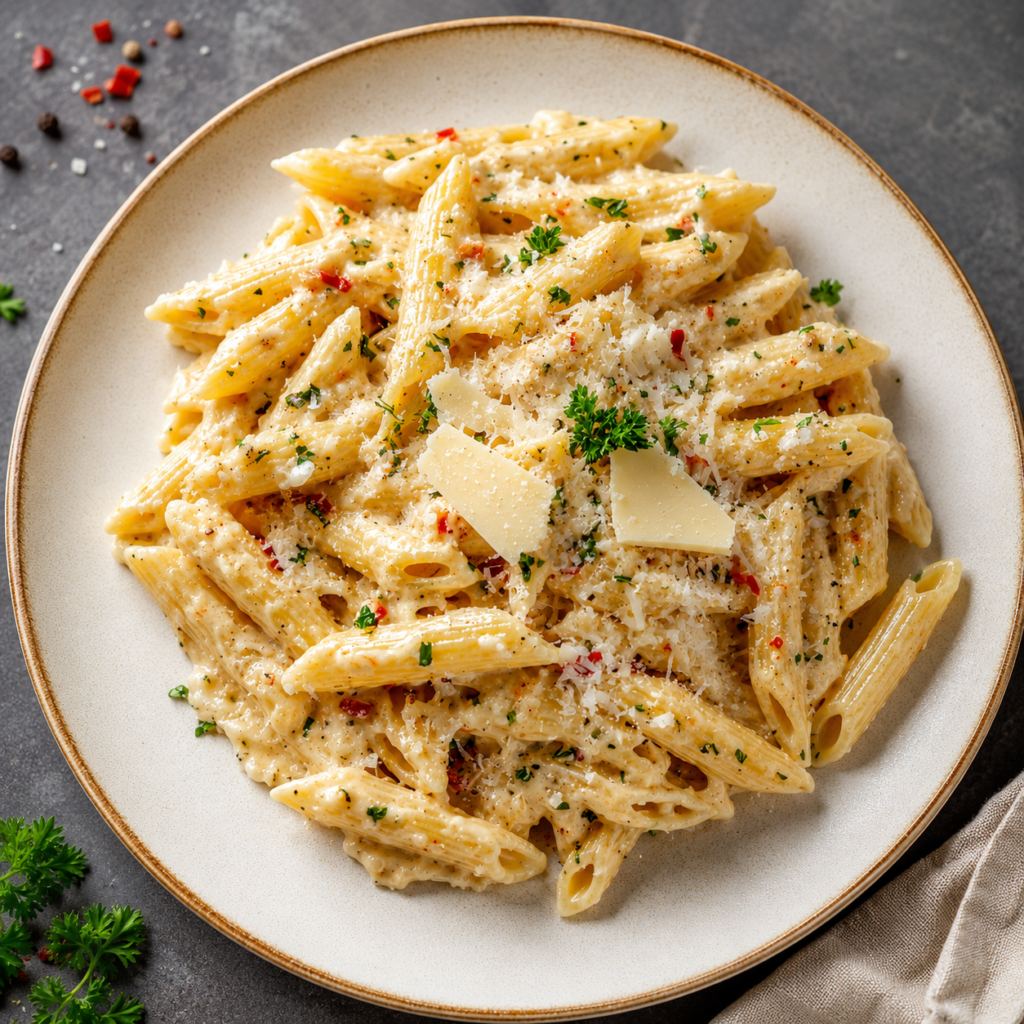One pot pasta dinner with rich garlic sauce
