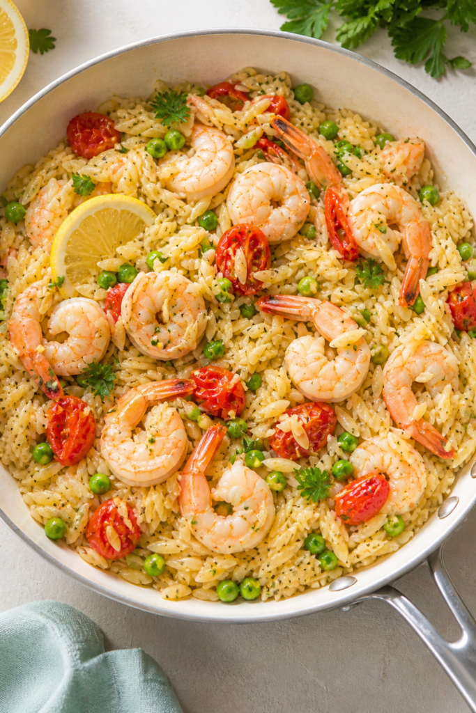 One Pot Lemon Shrimp Orzo served in a skillet