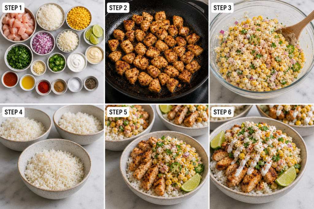 Easy chicken and rice bowl with Mexican street corn flavor