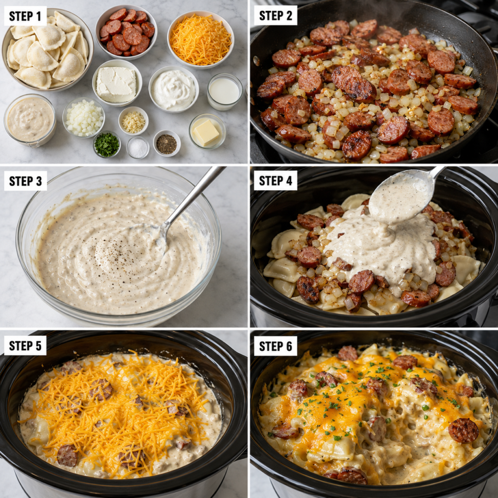 Easy cheesy pierogi and kielbasa crock pot dinner