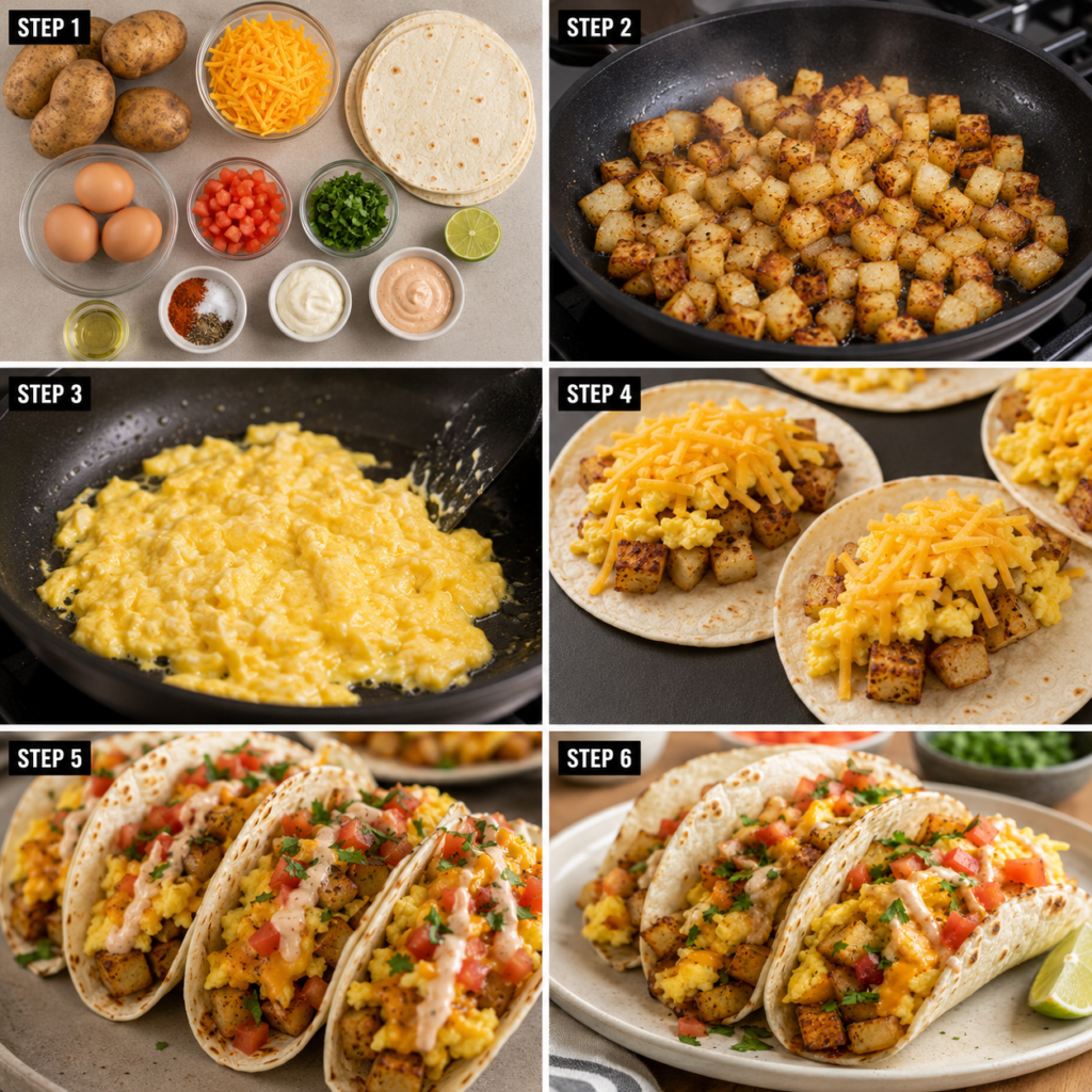 Easy breakfast tacos with potatoes eggs and cheese