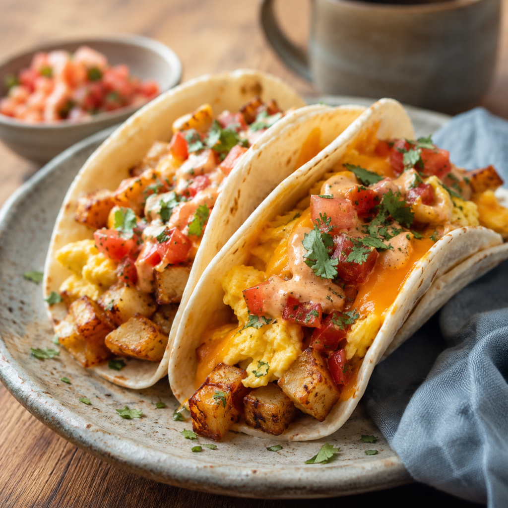 Cheesy breakfast tacos with crispy potatoes