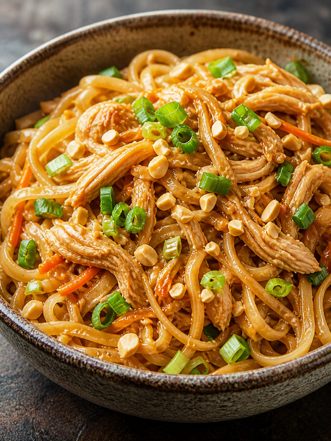 Peanut noodles with shredded chicken in a bowl