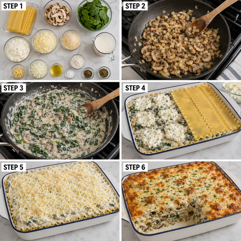 Creamy Mushroom and Spinach Lasagna sliced on a plate
