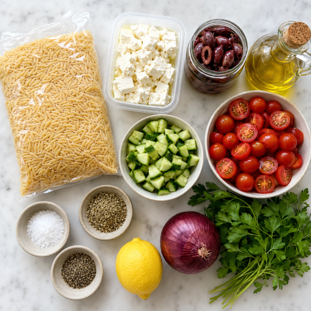 Greek pasta salad with feta, olives, and herbs